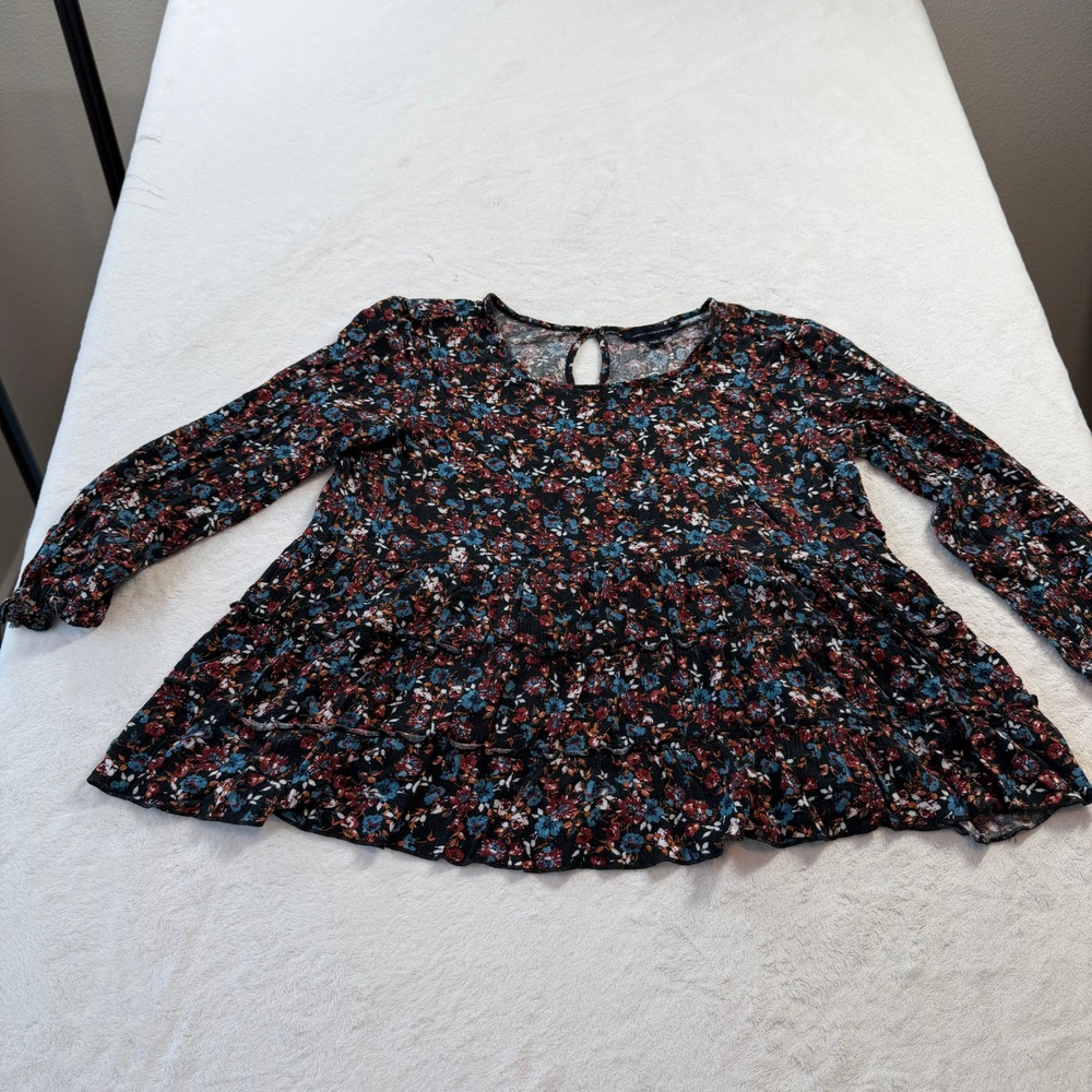 American Eagle Peplum Top Womens M Black Floral Good Tiered Babydoll Long Sleeve